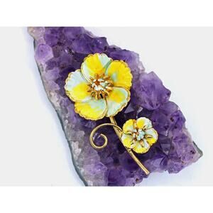 Vintage Botticelli Gold Tone Enamel Yellow and Blue Floral Brooch